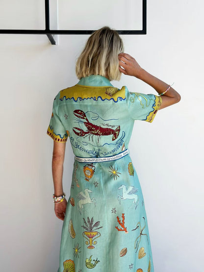 Casual Doodle Pattern Lantern Sleeve Cardigan Dress