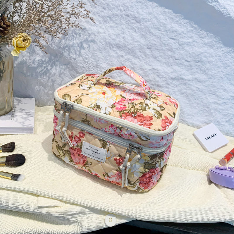 Flower Print Large Capacity Quilted Makeup Bag