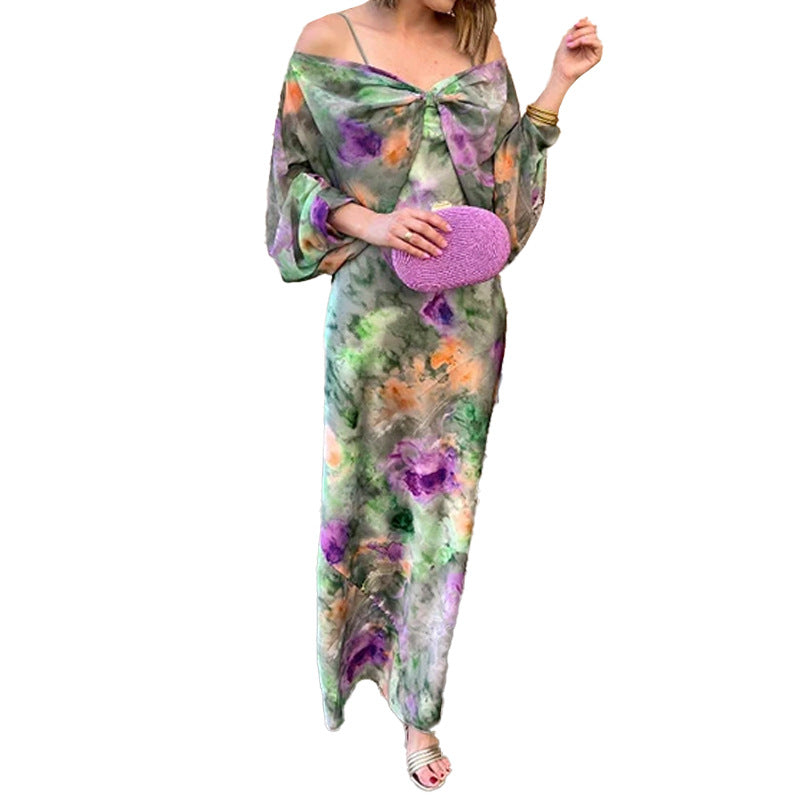 Women's Fashion Off-Shoulder Tie-Dye Cami & Shawl Dress Set