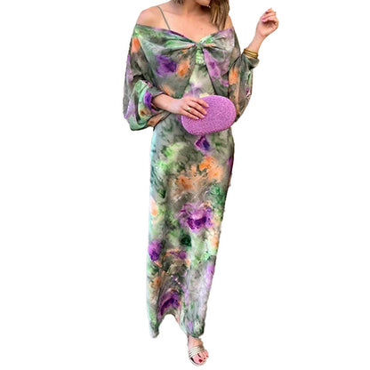 Women's Fashion Off-Shoulder Tie-Dye Cami & Shawl Dress Set