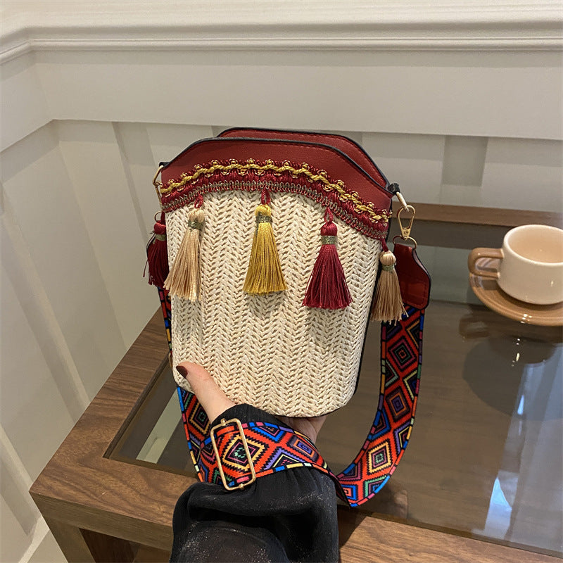 Trendy Woven Bucket Bag for Women with Fringe