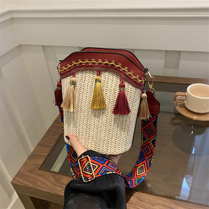 Trendy Woven Bucket Bag for Women with Fringe