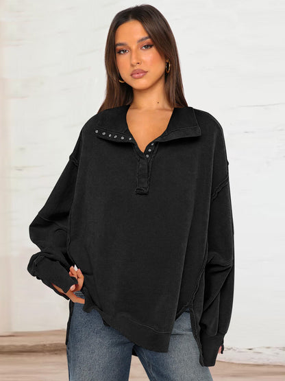 Trendy Casual Polo Neck Sweatshirt with Lantern Sleeves