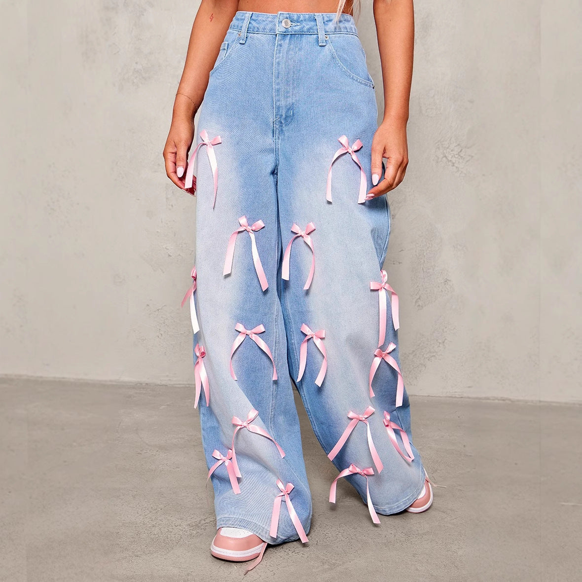 Bow Washed Loose Street Jeans