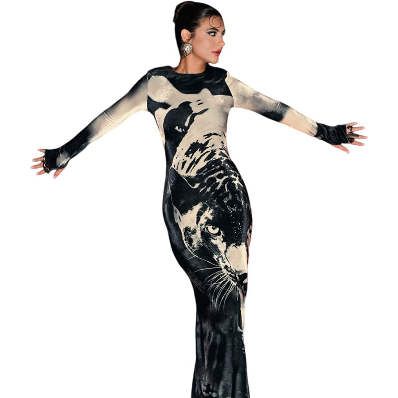 Elegant High-Waisted Bodycon Dress With Animal Print