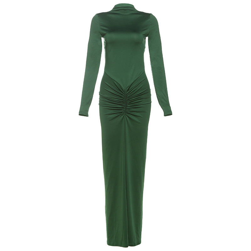 Elegant Solid Color Long Sleeve Maxi Dress With Ruching