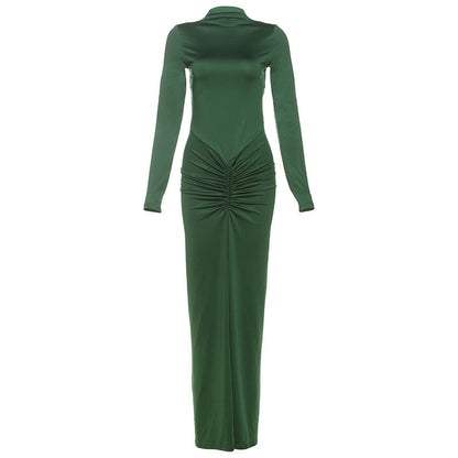 Elegant Solid Color Long Sleeve Maxi Dress With Ruching