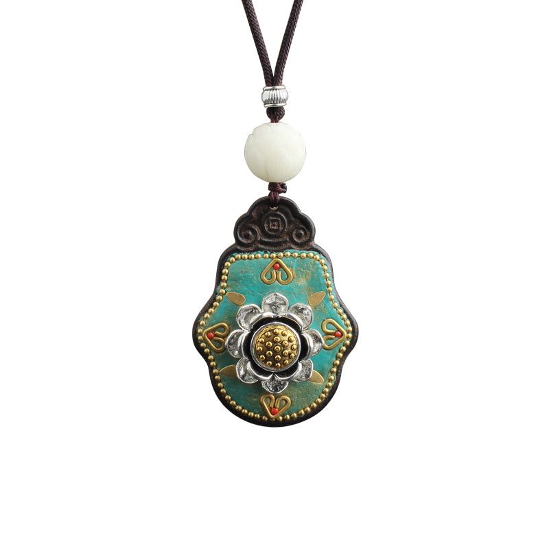 Vintage Ebony Nepal Pendant Fortune Transfer Necklace Long Versatile Ethnic Style Peace Card Pendant Necklace