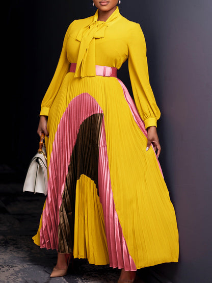Elegant Color-Block A-Line Dress With Belt