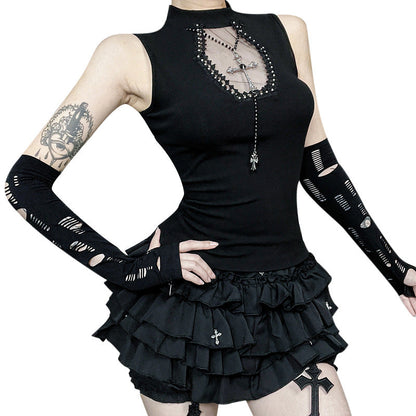 Dark Removable Chain Top Gothic Style Casual Blouse