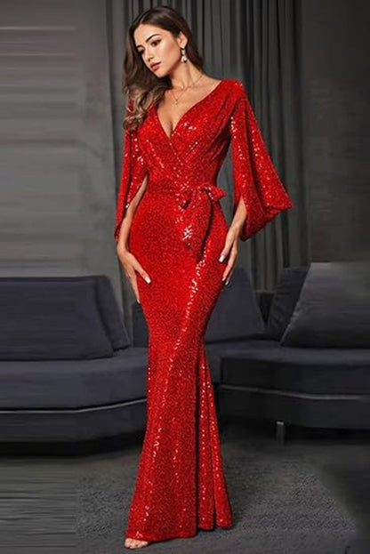 Elegant V-Neck Sequin Maxi Dress With High Split