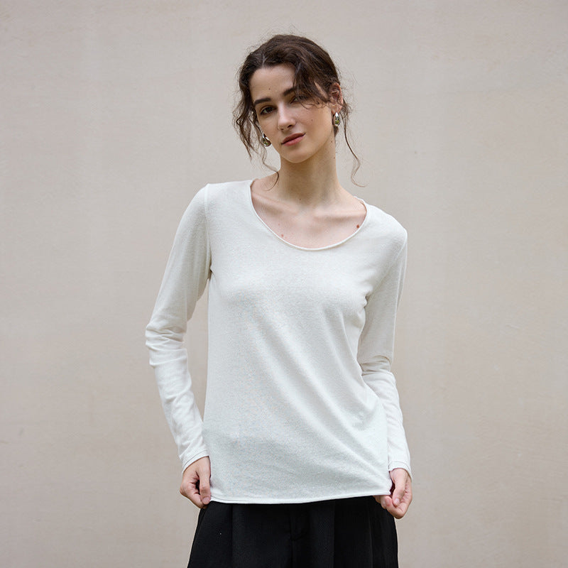 Classic U-Neck Long Sleeve Knit Top in Cotton-Linen Blend