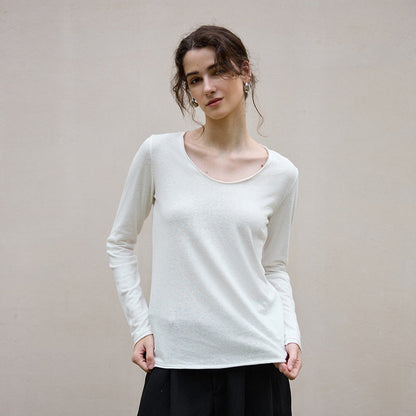 Classic U-Neck Long Sleeve Knit Top in Cotton-Linen Blend