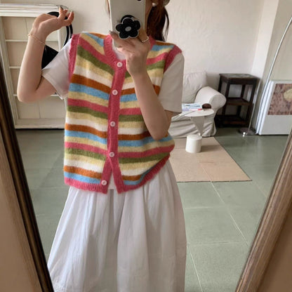 Rainbow Stripe Knit Vest for Women Soft Casual Sleeveless Cardigan