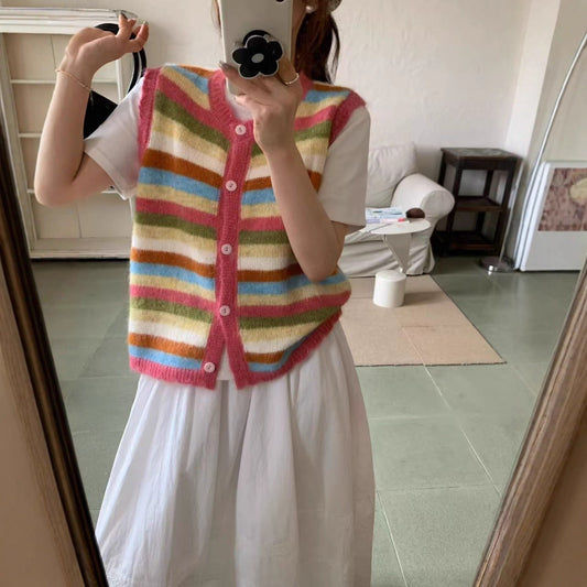 Rainbow Stripe Knit Vest for Women Soft Casual Sleeveless Cardigan