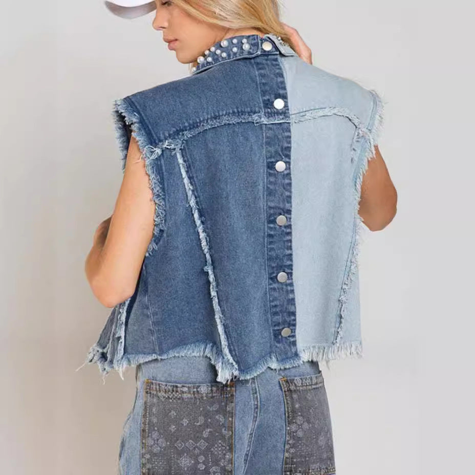 Denim Vest With Rhinestone Detail Loose-Fit Casual Top