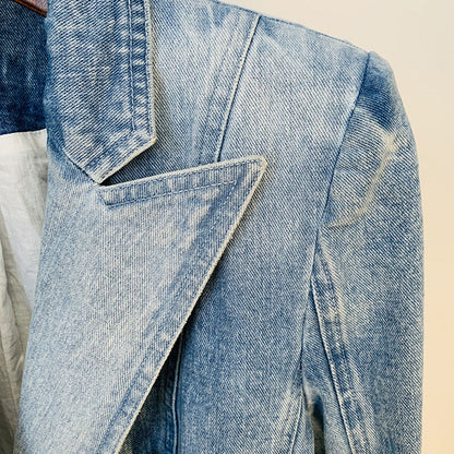 Double-Breasted Lion Button Denim Blazer Style