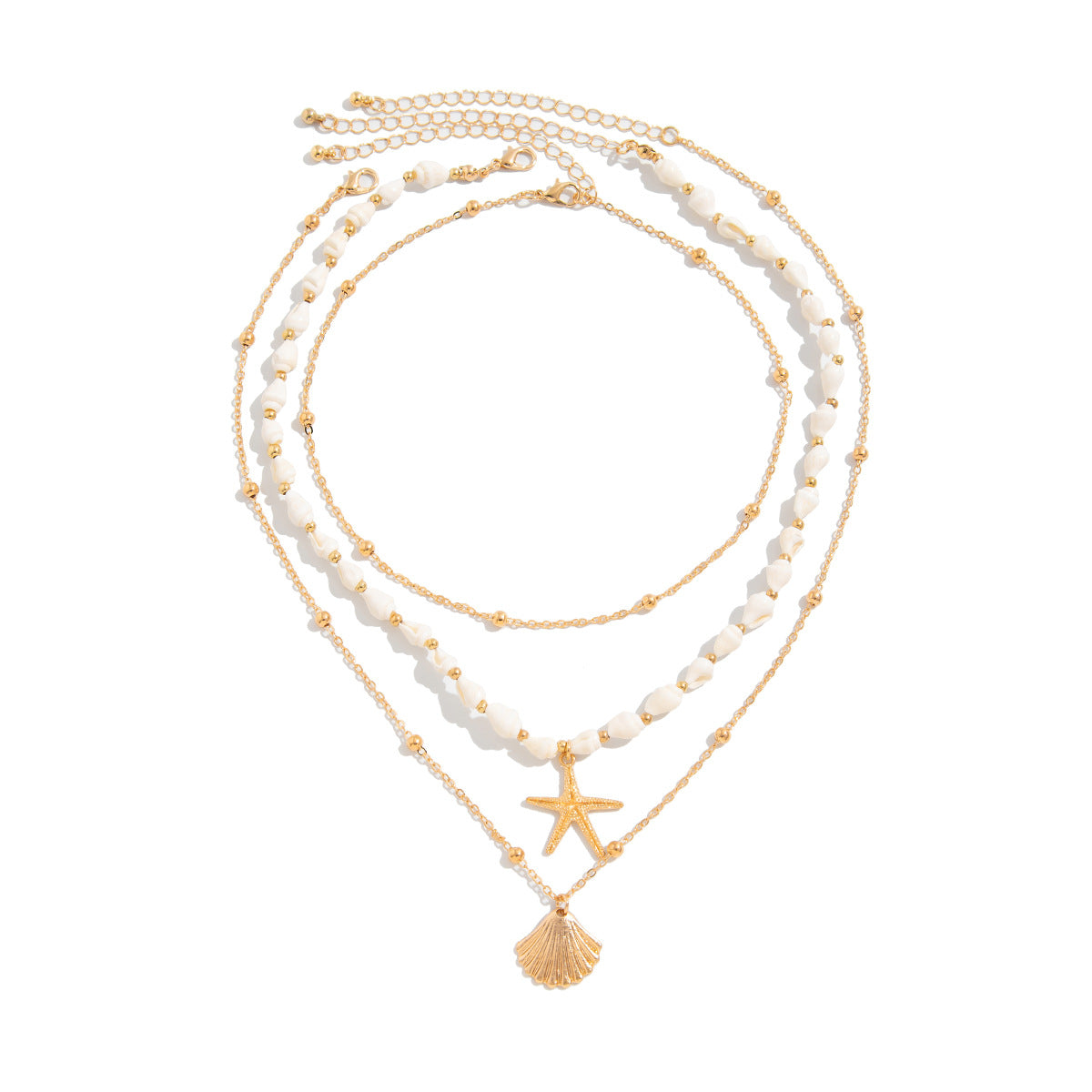 Starfish Shell Pendant Necklace Layered Metal Chain Jewelry