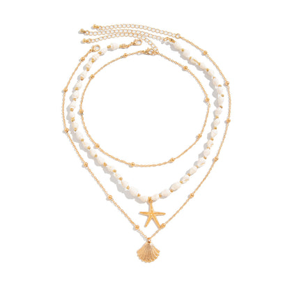 Starfish Shell Pendant Necklace Layered Metal Chain Jewelry