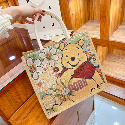 Linen Tote Bag Cute Cartoon Embroidery Large Capacity