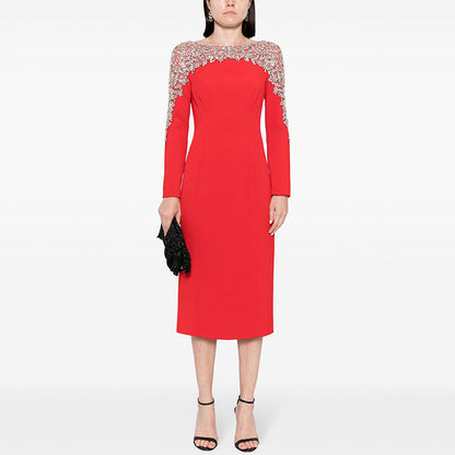 Beaded V-Neck Midi Dress Elegant Street Style