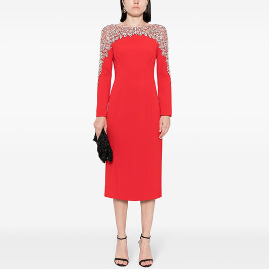 New Fashion V-Neck Midi Dress With Beaded Details