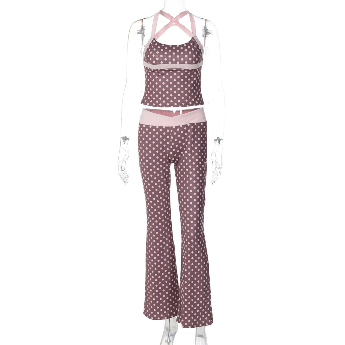 Trendy Polka Dot Sleeveless Top & Color Block Long Pants Set