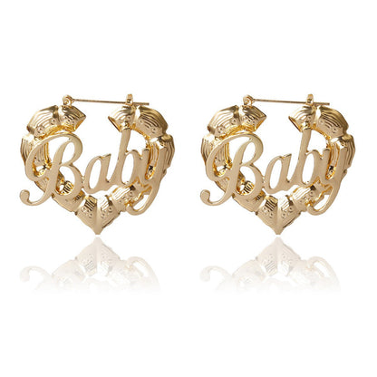Hip Hop Punk Round Bamboo Earrings Creative Heart-Shaped Baby Letter Studs