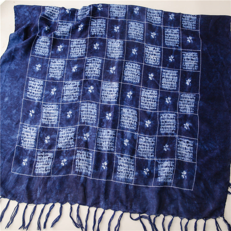 Dyed Blue And White Porcelain Series Cotton And Linen Scarf Travel Shawl Literary Accessories