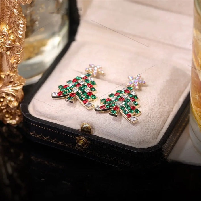 Colorful Rhinestone Christmas Tree Tassel Dangle Earrings