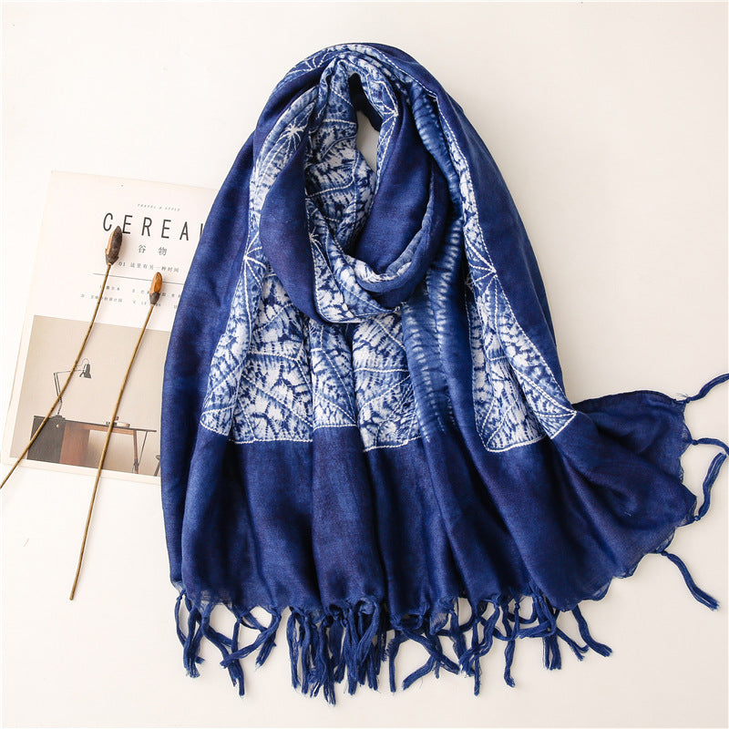 Dyed Blue And White Porcelain Series Cotton And Linen Scarf Travel Shawl Literary Accessories