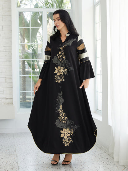 Elegant Black Muslim Abaya Maxi Dress with Ruffled Sleeves
