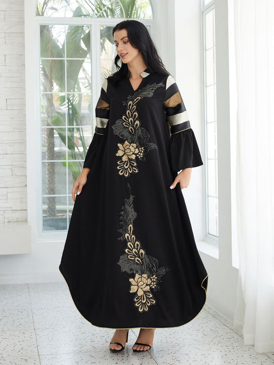 Elegant Black Muslim Abaya Maxi Dress with Ruffled Sleeves