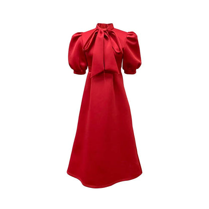Elegant Solid Color Midi Dress With Bow Detail