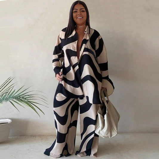 Chic Printed Loose-Fitting Long Sleeve Shirt And Straight Pants Set