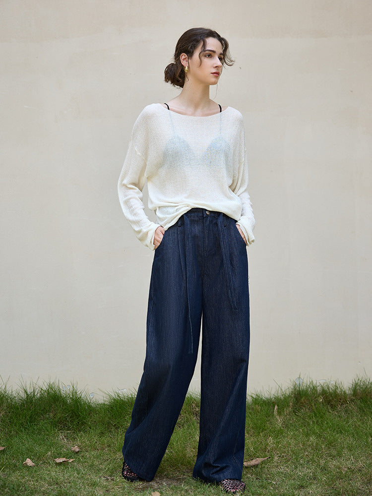 High-Waisted Casual Straight Pants with Tie Detail