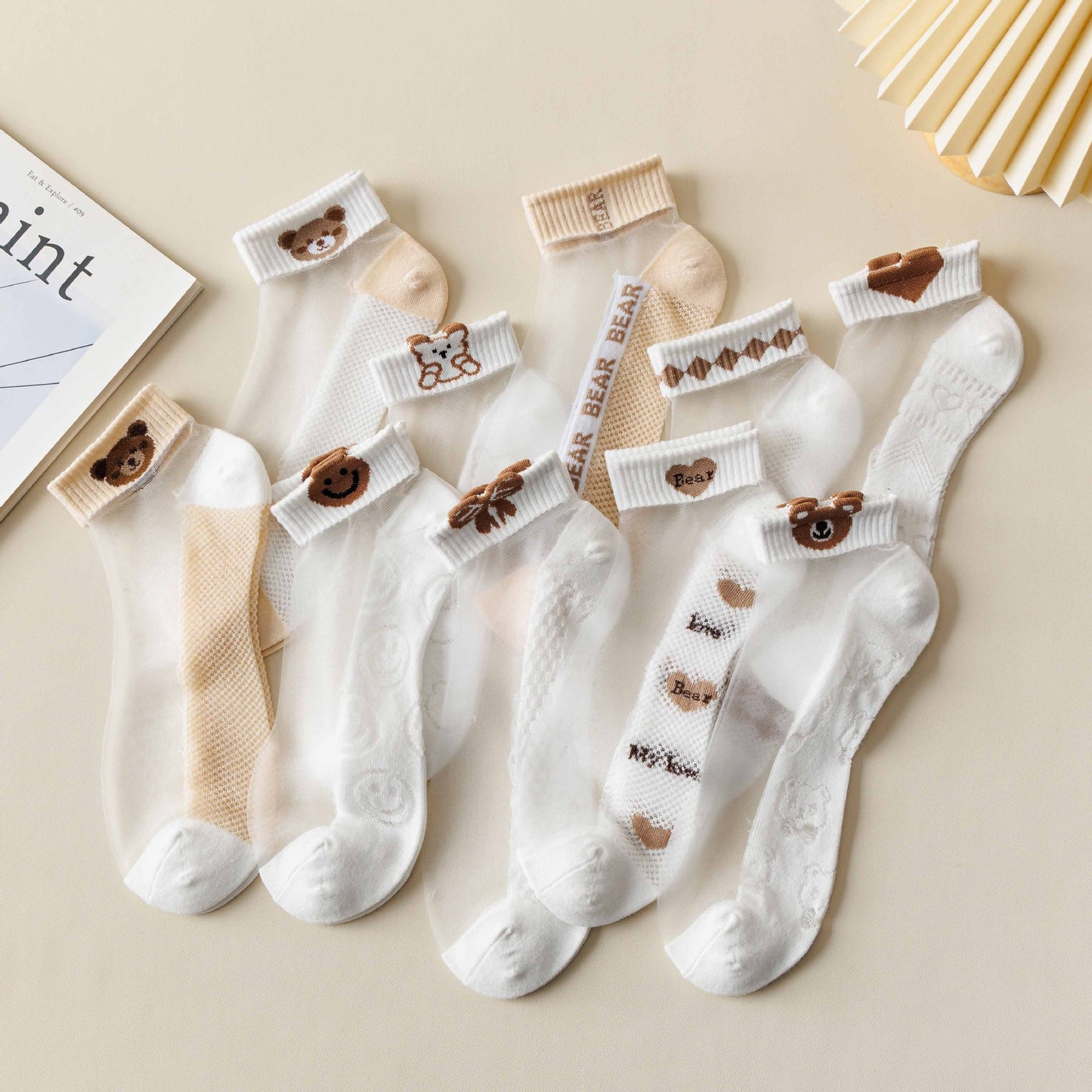 Rufia -  Breathable Sheer Ankle Socks with Bear Pattern