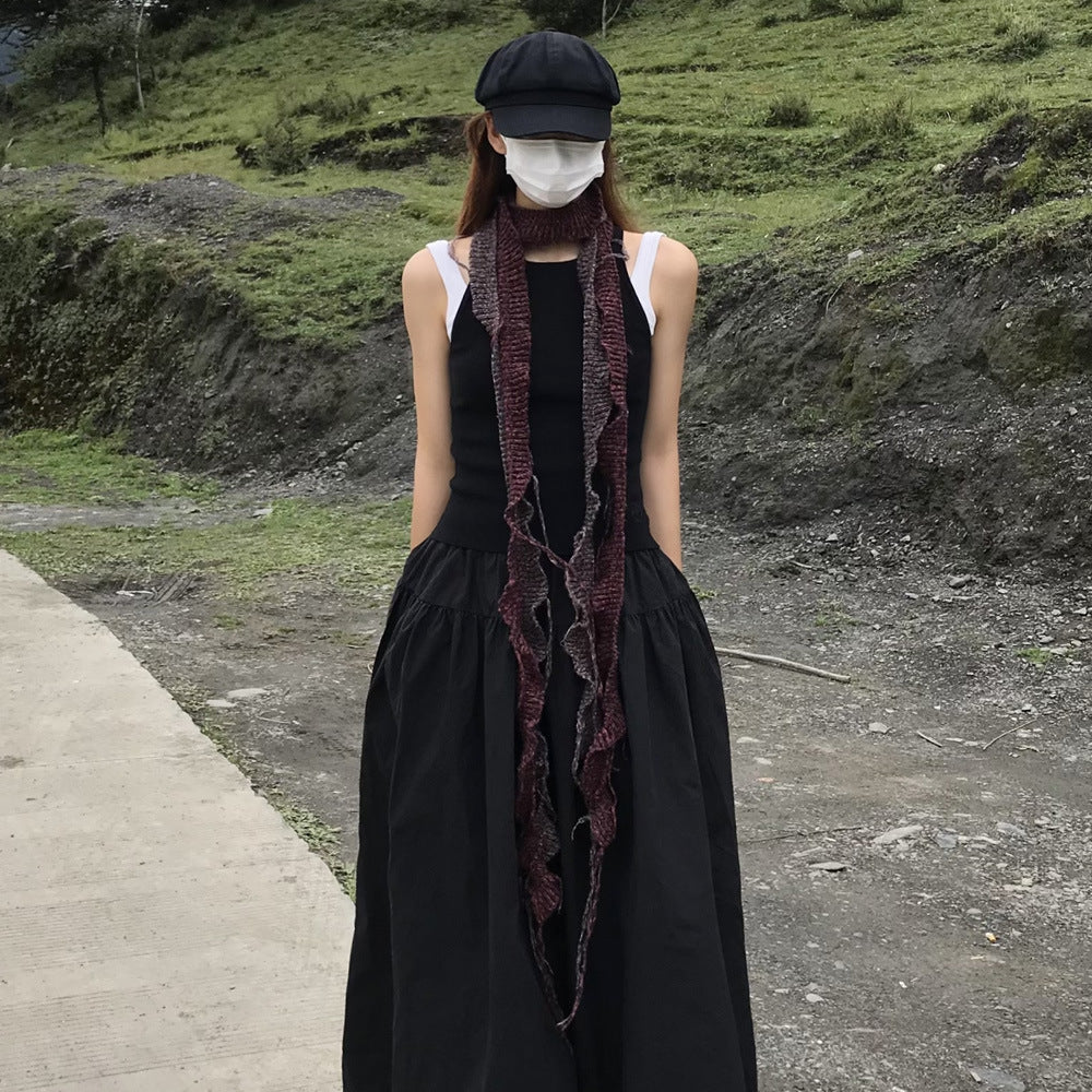 Spiral Knit Handmade Scarf with Ruffled Edge Dual-Color Design