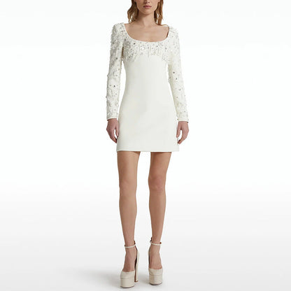 Elegant Long Sleeve U-Neck Dress With Beaded Details