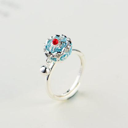 Lotus Six-Character Mantra Scripture Rotating Ring Lucky Turn Ring National Style Enamel Colored Burning Blue Ring