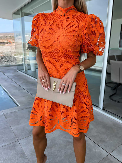 Elegant Hollow Lace Dress with Ruffles for Commuting