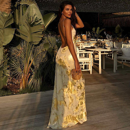 Gold Backless Slip Dress Elegant Style