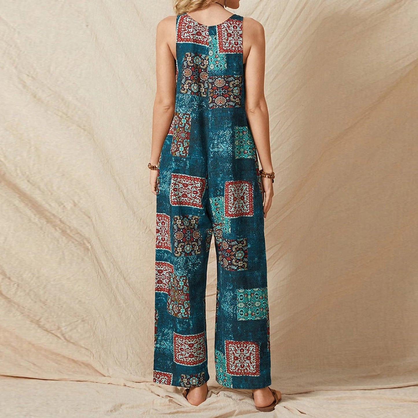 Women'S Loose Print Suspenders Vintage Casual Cotton Linen Jumpsuit