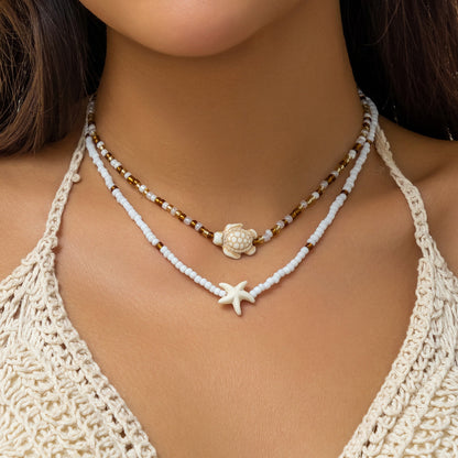 Ocean Breeze Bead Necklace With Starfish And Shell Design