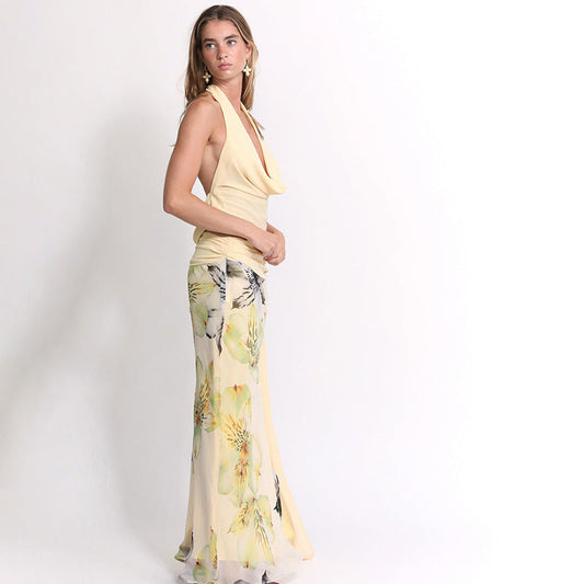 Trendy Sexy Backless Halter Top & Long Skirt Set