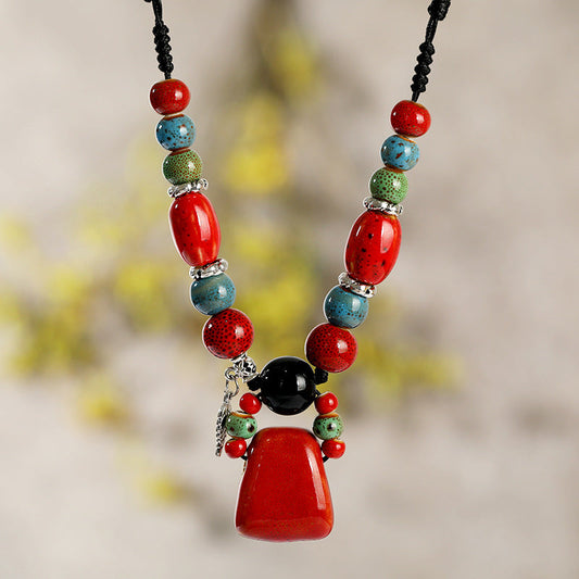Retro Ethnic Style Ceramic Necklace For Women'S Simple Collar Chain Versatile Red Pendant Long Sweater Chain Pendant Accessories