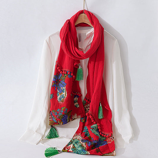 Spring And Autumn Cotton And Hemp Red Scarf Retro Winter Versatile Art Shawl
