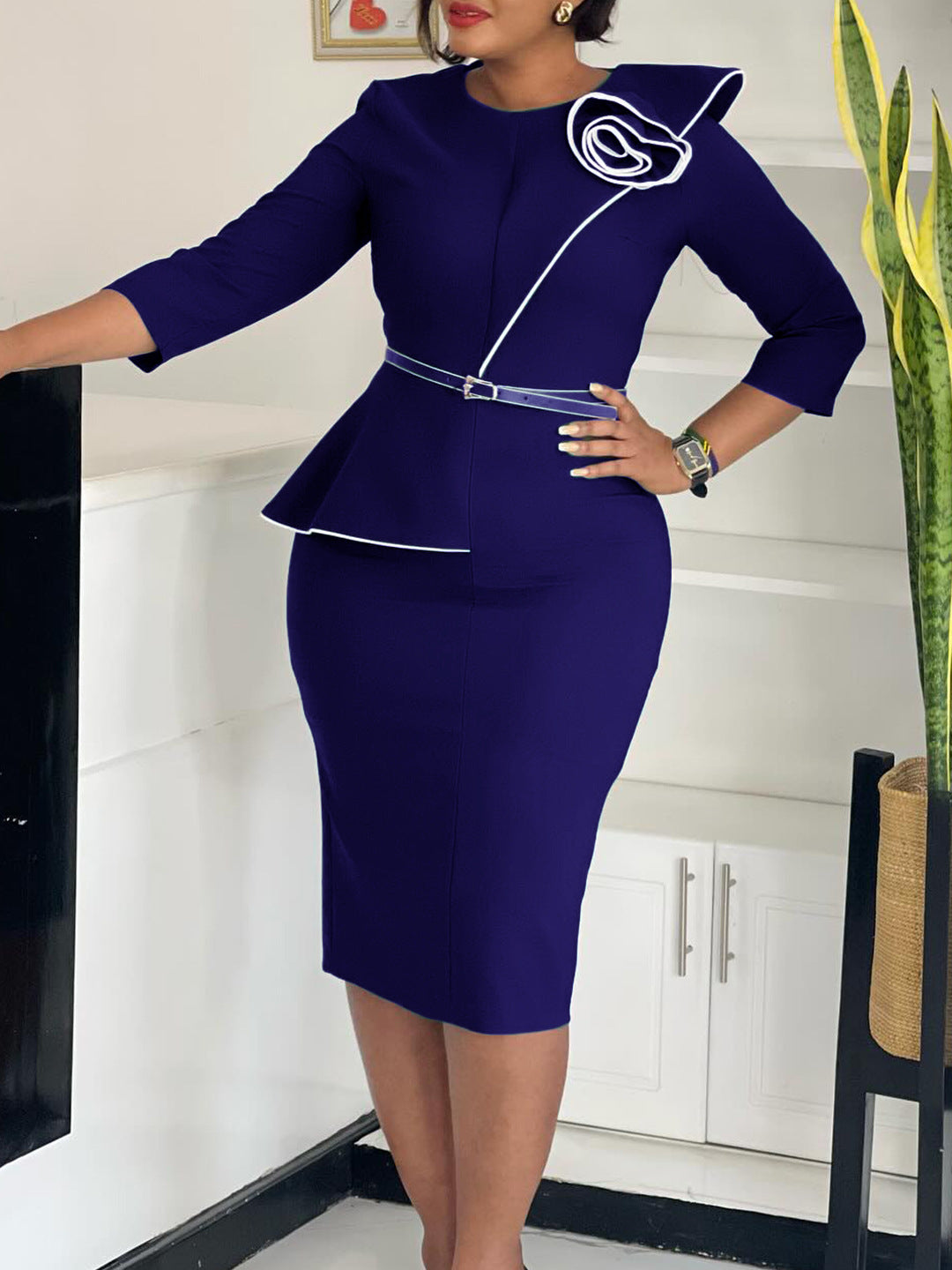 Pencil Skirt With Belt Elegant Office Dress