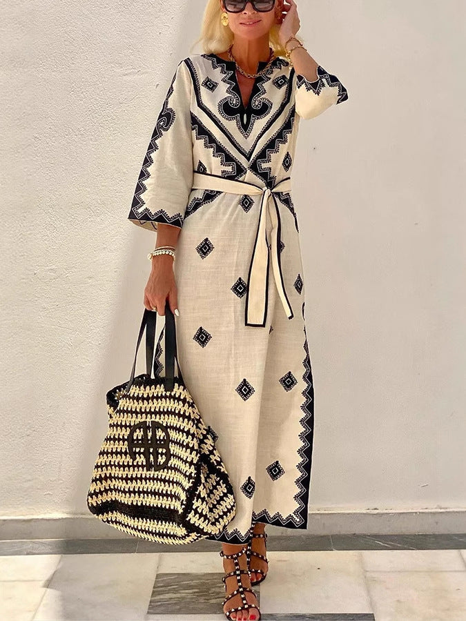Bohemian Floral Belted Maxi Dress Elegant Commuter Style