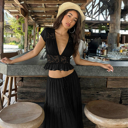 Trendy French Lace Chiffon Cardigan T-Shirt with Loose Fit Maxi Dress